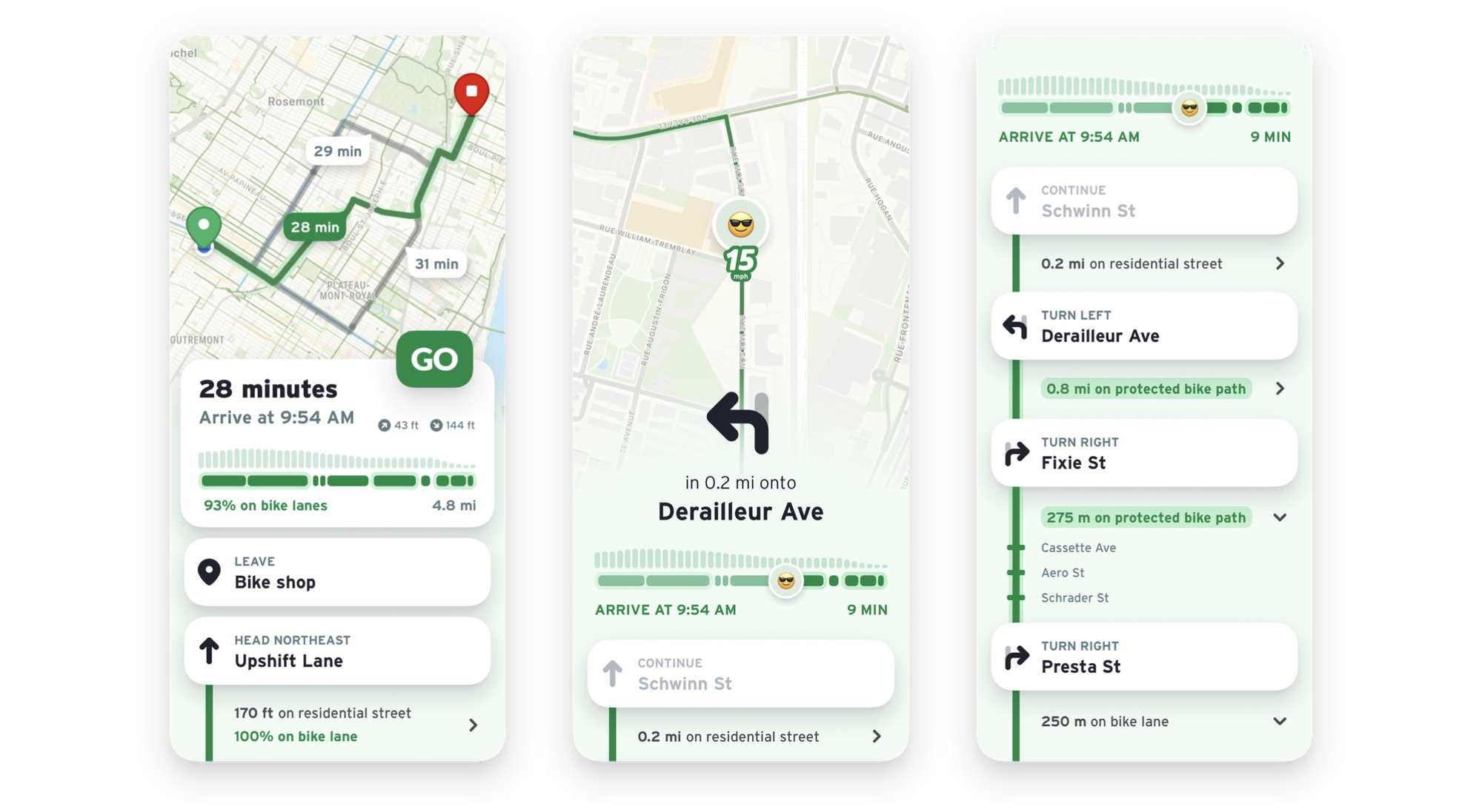Three screenshots showing Transit App's new Biking directions interface.  The first screenshot is an overview of a route, showing three options on a map.  The second screenshot is of a turn-by-turn interface, indicating a left turn in 0.2 miles.  Below includes a gradation graph to show the uphill/downhill path ahead.  The third screenshot shows the same gradation graph at the top, with the remaining turn-by-turn directions listed below including special callouts for protected bike paths and cross streets.